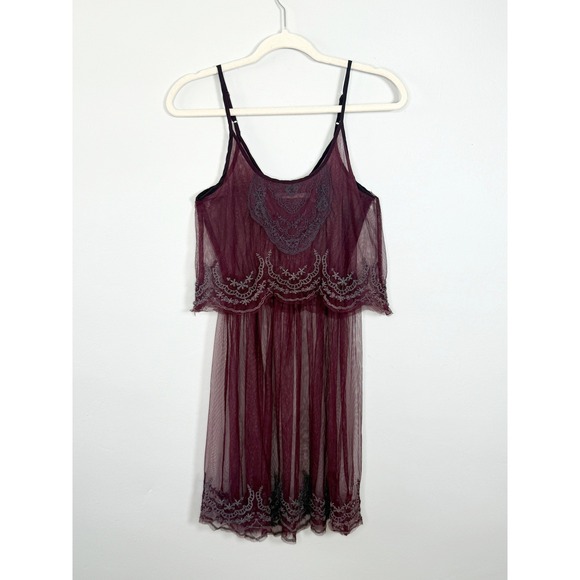 Kimchi Blue Dresses & Skirts - Kimchi Blue Mini Dress Sz S Plum Sheer Mesh Embroidered Tiered Fairy Coquette